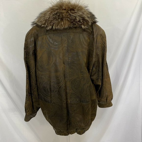 Northern Lights Bloomingdale's Fox Fur Collar Tooled Leather Jacket Small - Picture 6 of 10
